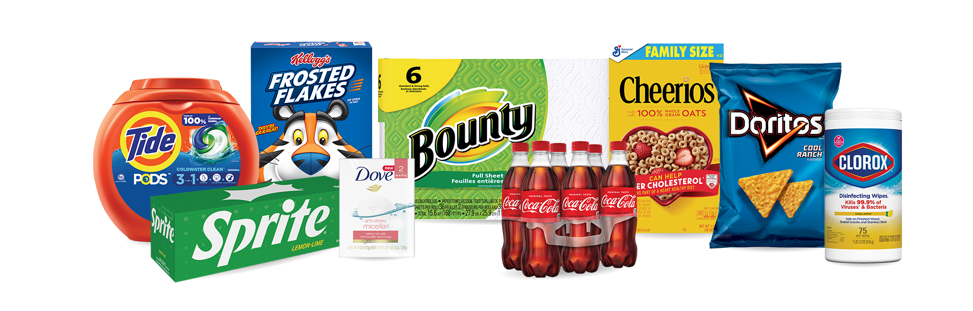A photo of some of the world's most trusted brands carried by Dollar General.